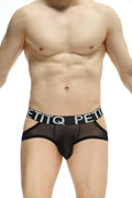 Black sheer mesh jockstring briefs with bold black waistband featuring white petitq lettering from lunan net black collection