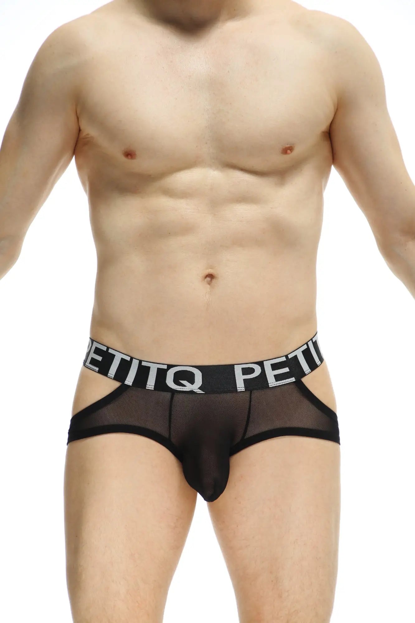 Black sheer mesh jockstring briefs with bold black waistband featuring white petitq lettering from lunan net black collection