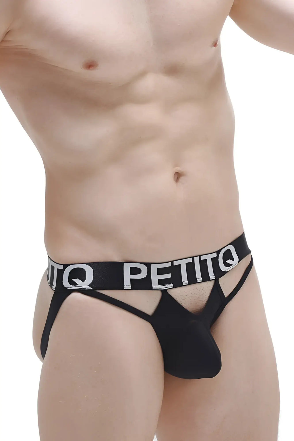 Black petitq brand jockstring mano plum black briefs with bold white logo band and supportive contoured design