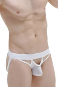 White form-fitting lace-trimmed men’s briefs jockstring mano plum white with supportive waistband and cutout design