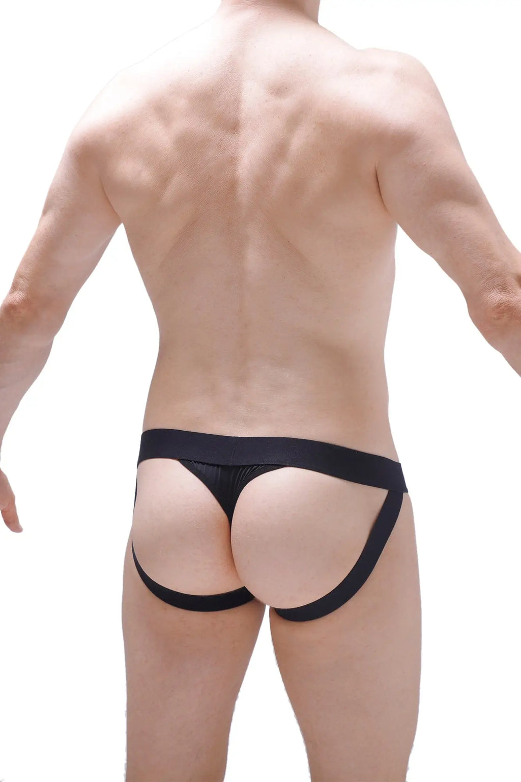 Black jockstring open cockring briefs with smooth texture and supportive elastic waistband in a form-fitting design
