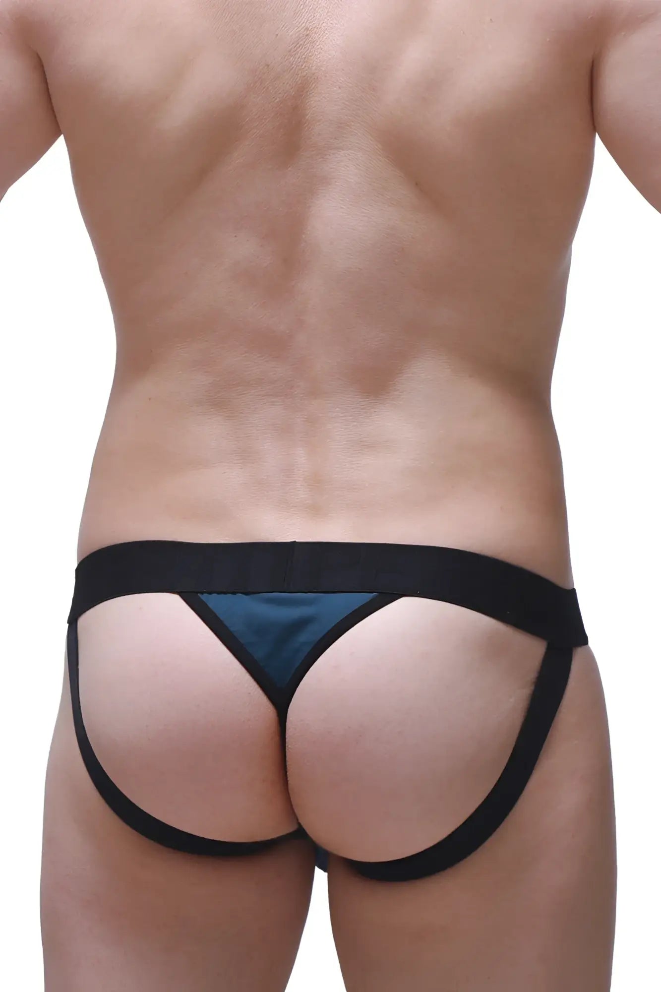 Black and teal jockstring prussian blue thong with wide waistband and leg straps shown from the back side