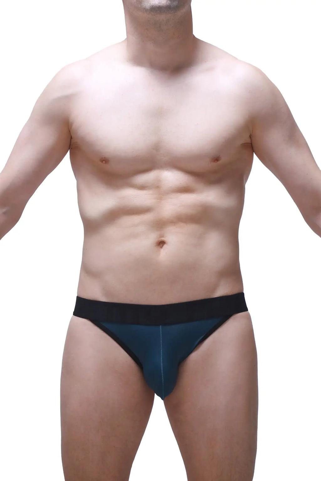 Dark blue athletic jockstring briefs with contrasting black waistband designed for comfort and support