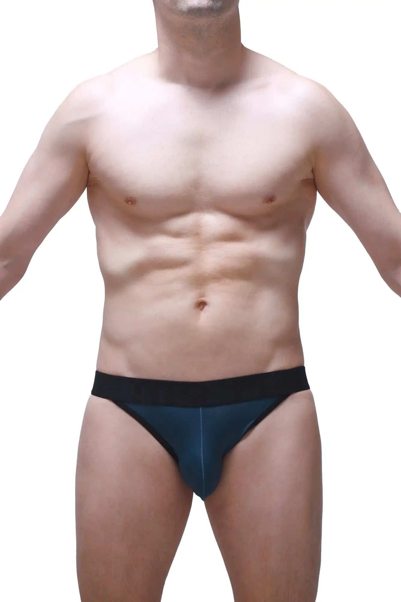 Dark blue athletic jockstring briefs with contrasting black waistband designed for comfort and support