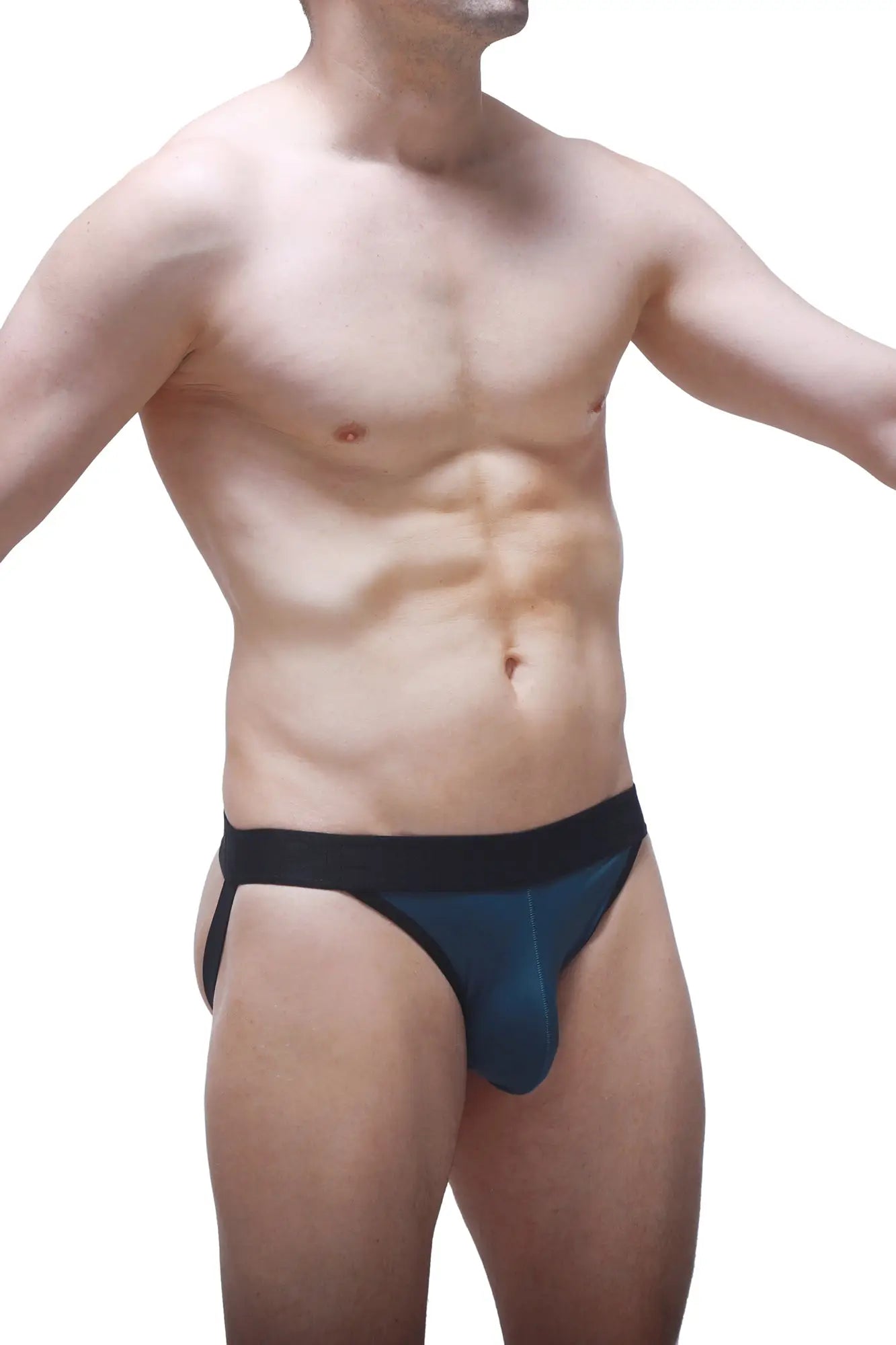 Dark blue form-fitting jockstring briefs with contrasting black waistband in prussian blue color for support and comfort