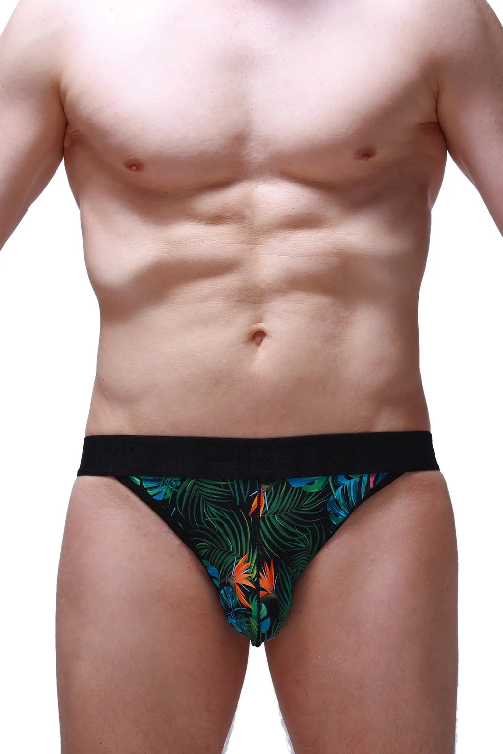 Black jockstring briefs with vibrant tropical leaf and bird pattern in green blue and orange for casual wear