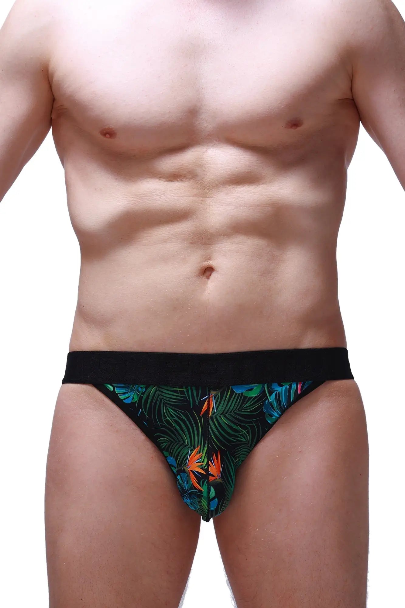 Black jockstring briefs with vibrant tropical leaf and bird pattern in green blue and orange for casual wear