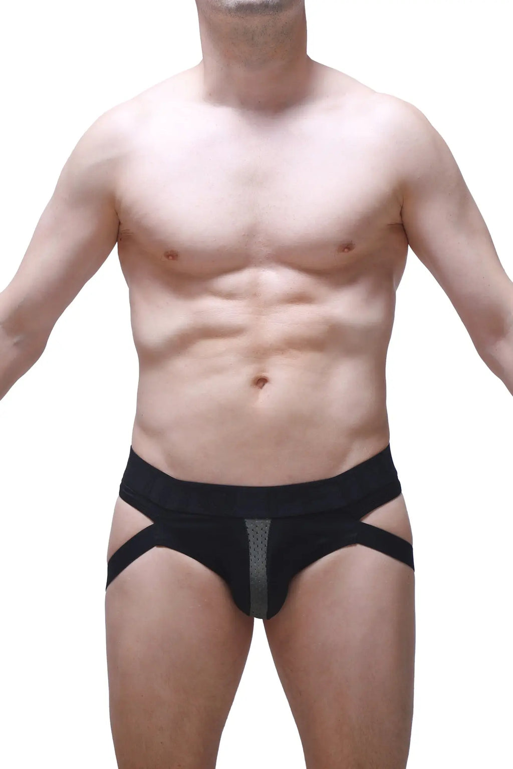 Black athletic jockthong barie bee green with gray mesh central panel and diagonal side straps for support