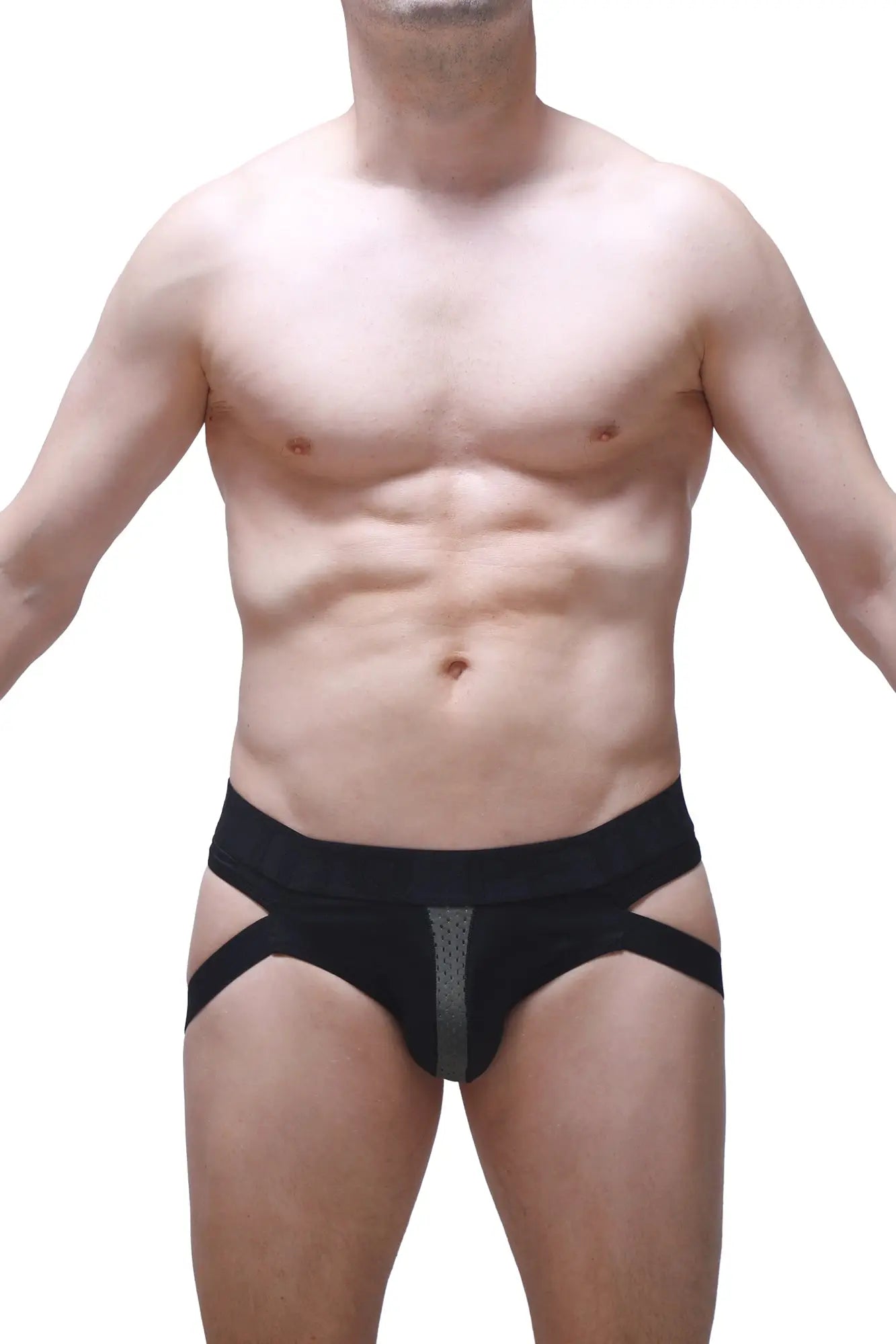 Black athletic jockthong barie bee green with gray mesh central panel and diagonal side straps for support