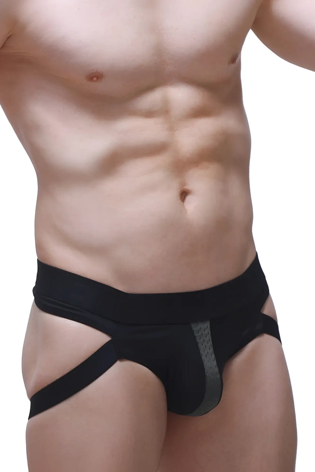 Black athletic jockthong barie bee green briefs with gray mesh side panel designed for active support and comfort
