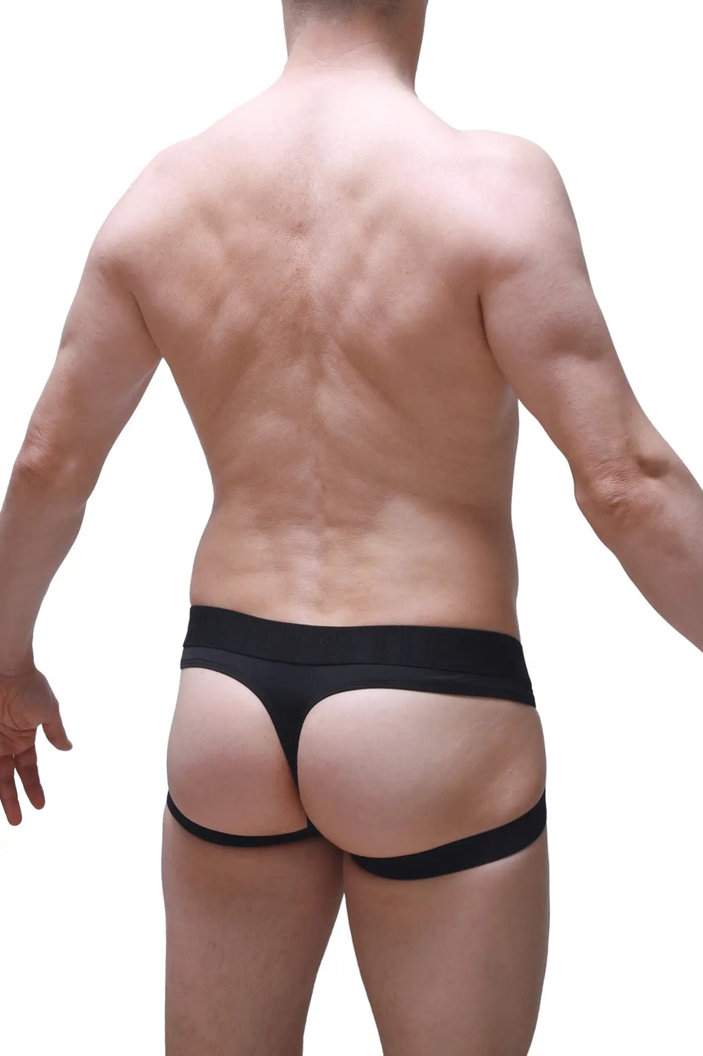 Black jockthong barie bee green thong-style underwear with wide waistband and thin side straps shown from the back