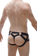 Black leather harness-style briefs with silver metal rings from jockthong bust net black collection