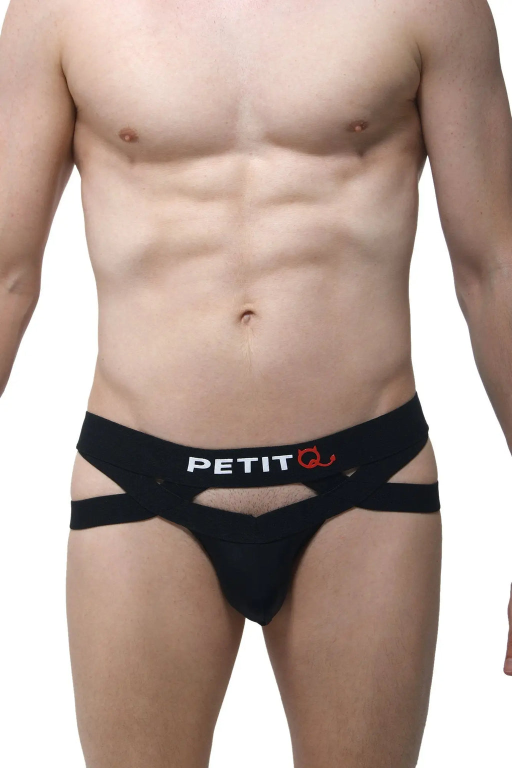 Black petit q jockthong bust men’s briefs with cut-out design and petitq logo on the waistband