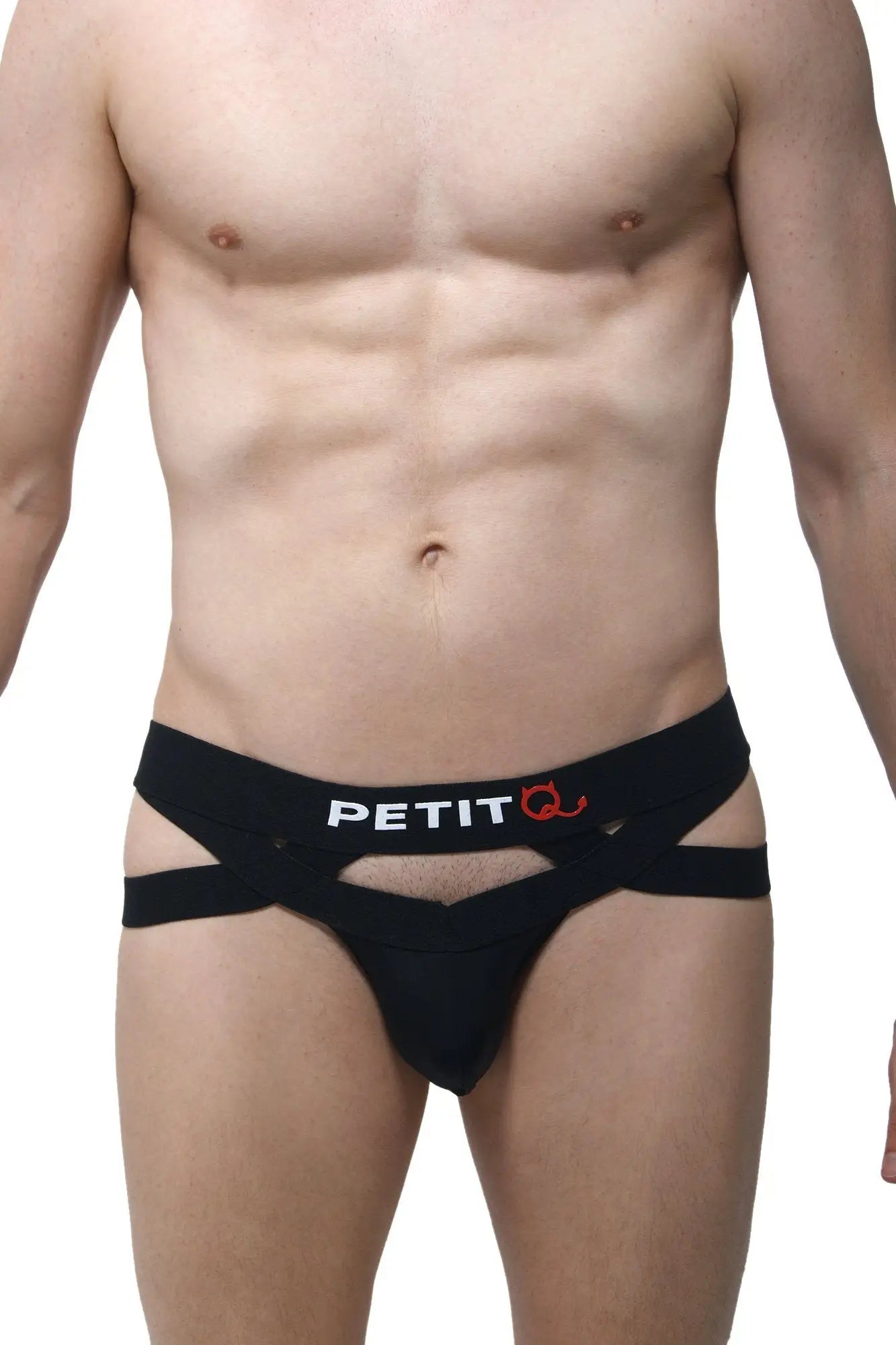 Black petit q jockthong bust men’s briefs with cut-out design and petitq logo on the waistband