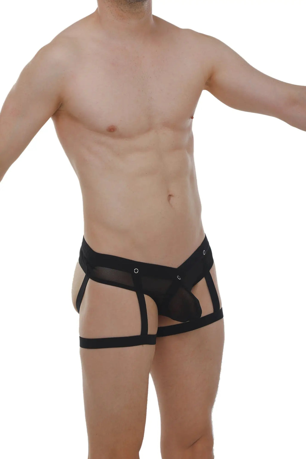Black mesh and fabric jockthong garter net briefs with strappy supportive design and ring detail