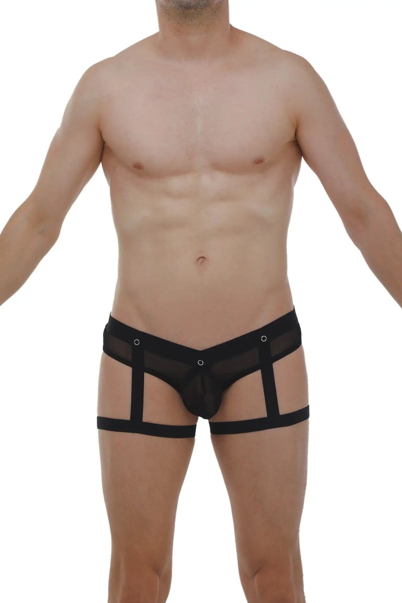 Black mesh jockthong garter net briefs with strappy design and ring detail showing the front side