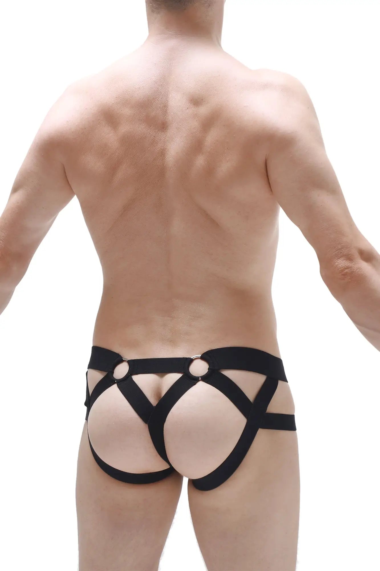 Black leather harness-style jockthong rider bost net briefs with circular metal rings visible from the back side