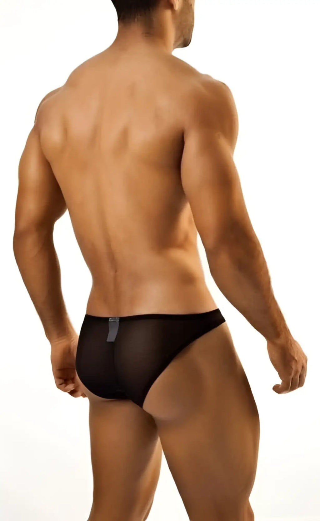 Black joe snyder bikini classic mesh briefs with sleek form-fitting design and small silver tag on the back