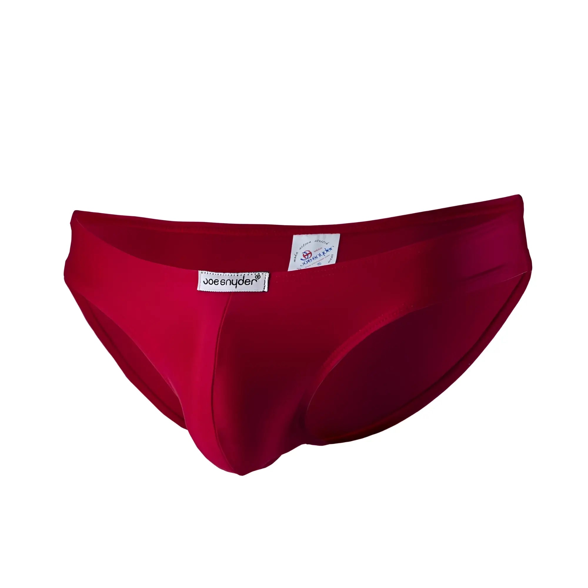 A vibrant red form-fitting men’s brief made of polyester by Joe Snyder in the Bikini Classic style