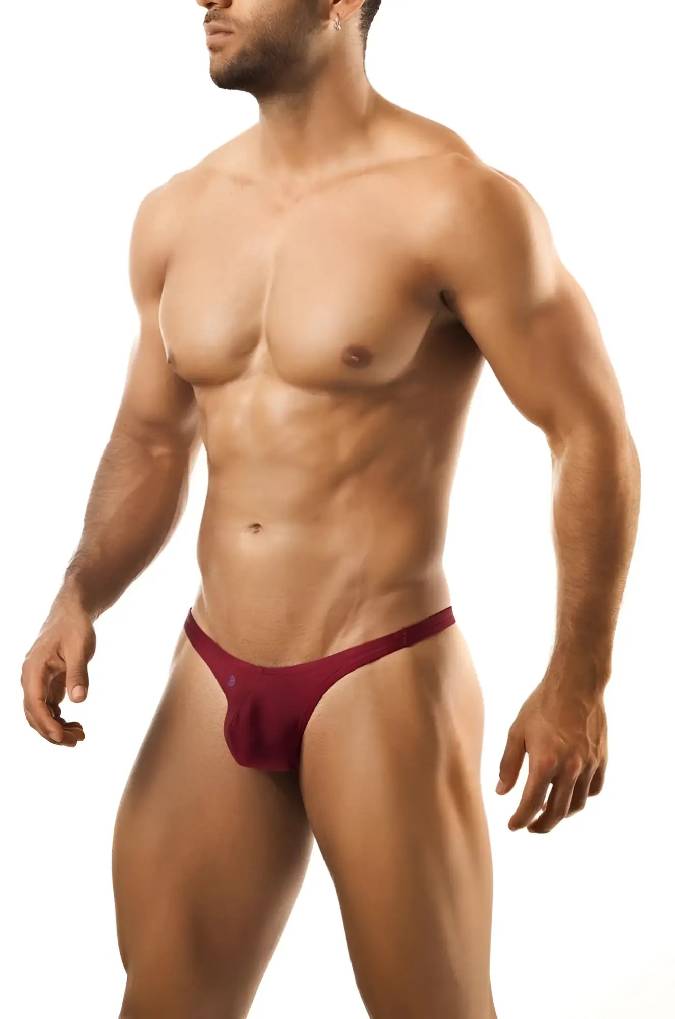 Maroon Joe Snyder bulge bikini thong with snug form-fitting design showcasing the back side of the underwear