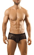 Black lace Joe Snyder bulge boxer briefs for men featuring sheer lace material and a supportive design