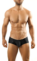 Black joe snyder bulge boxer briefs with a subtle logo on the left hip featuring a form-fitting design