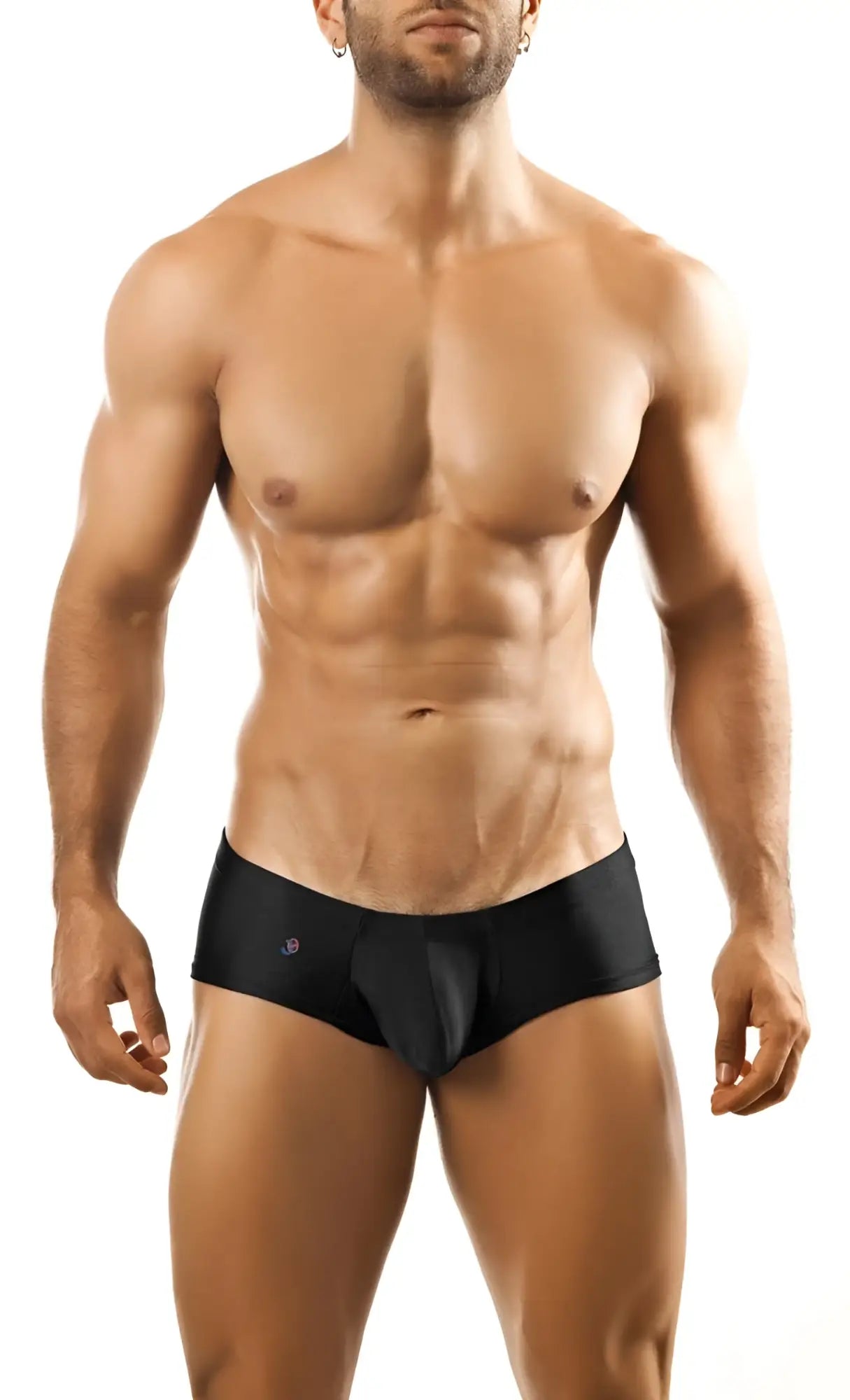 Black form-fitting joe snyder bulge boxer briefs with subtle logo on left hip designed for comfort and support