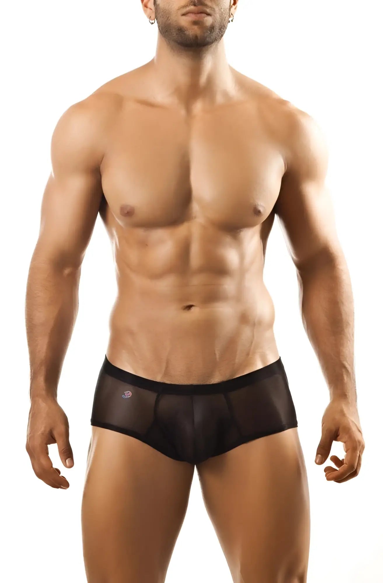 Black sheer mesh Joe Snyder Bulge Boxer briefs with solid waistband and subtle logo on left hip front side