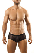 Joe Snyder bulge boxer black sheer mesh briefs with solid waistband and subtle logo on left hip front view