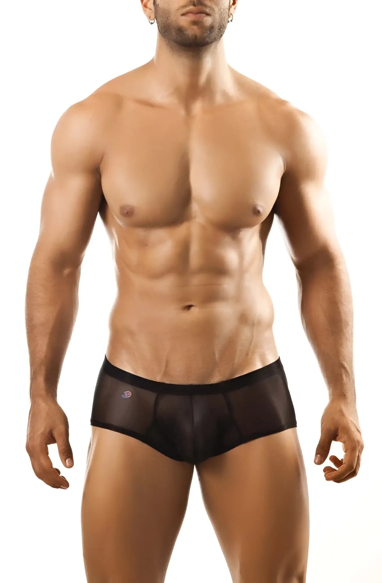 Black sheer mesh joe snyder bulge boxer briefs with subtle logo on waistband visible from front side