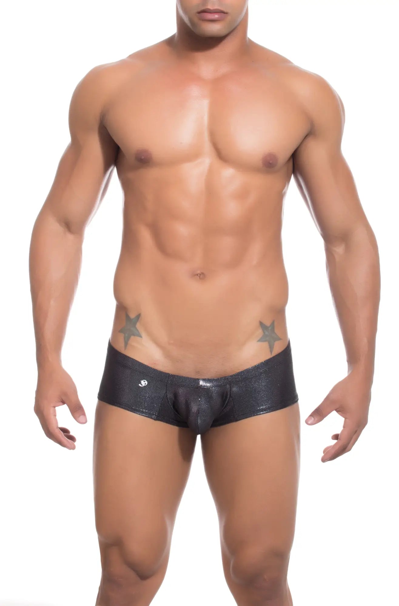 Black shiny faux leather Joe Snyder Bulge Boxer briefs with a subtle texture and silver logo on the left hip