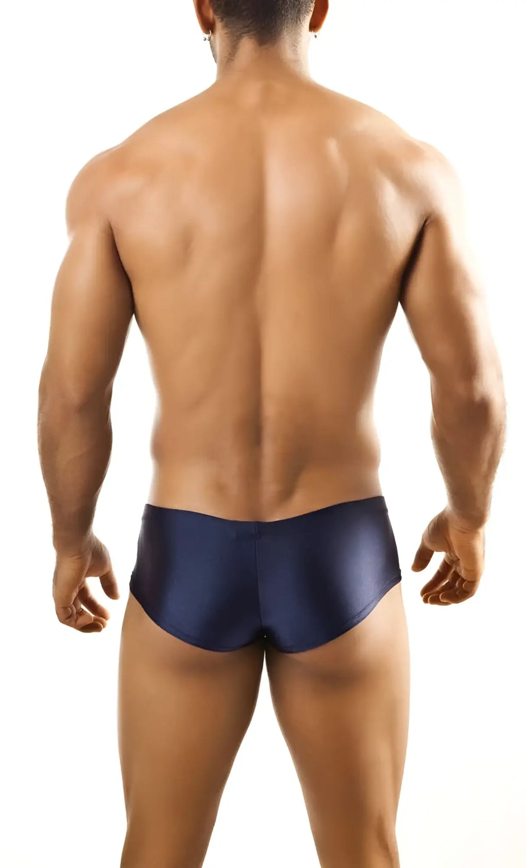 Navy blue satin joe snyder bulge boxer swim trunks highlighting a contoured front pouch design