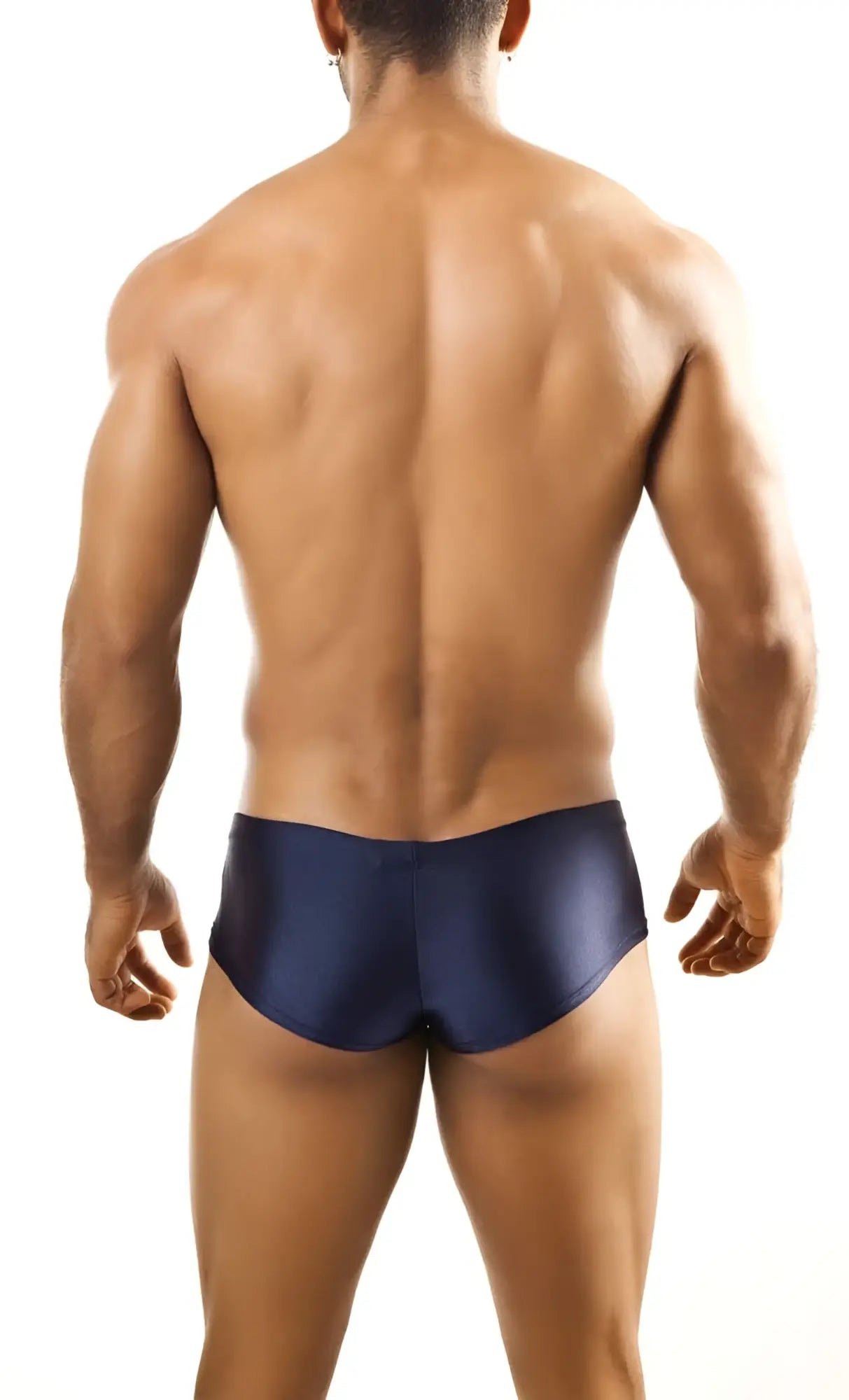 Navy blue satin joe snyder bulge boxer swim trunks highlighting a contoured front pouch design