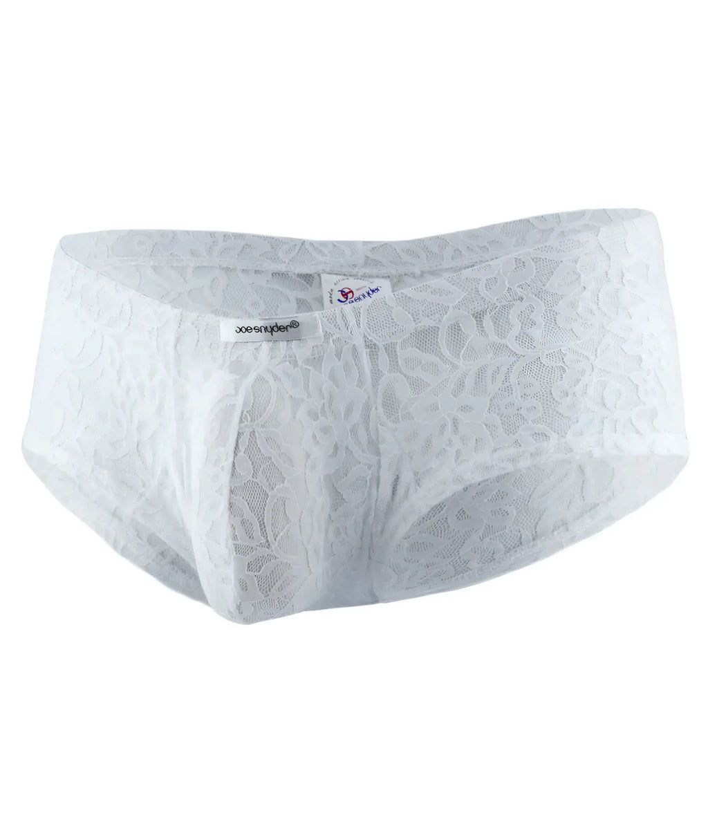 White lace men’s bulge boxer underwear by joe snyder with delicate floral pattern and sheer mesh detailing