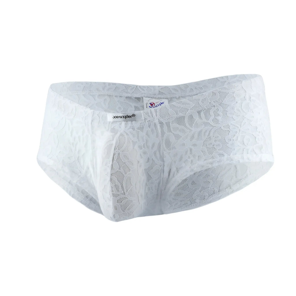 White lace Joe Snyder bulge boxer men’s underwear with delicate floral pattern and sheer soft fabric front view