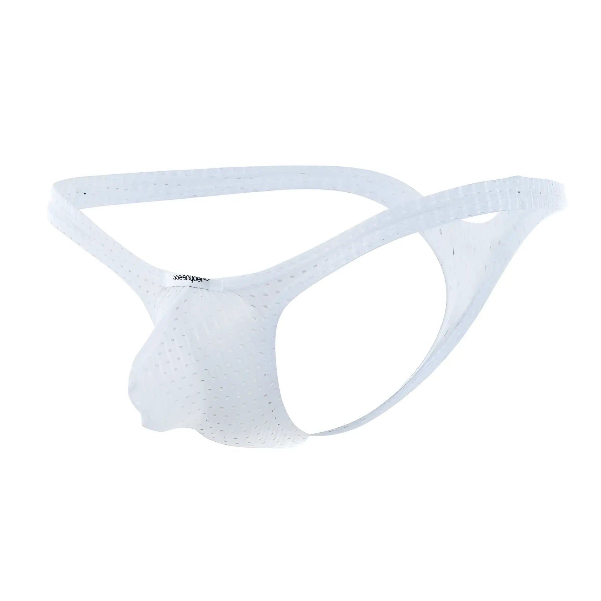White mesh joe snyder bulge thong holes with supportive contoured design and jockstrap branding on the side