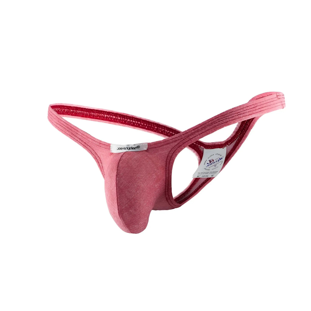 Joe Snyder bulge thong pink denim style jockstrap with red inner lining and adjustable straps back view