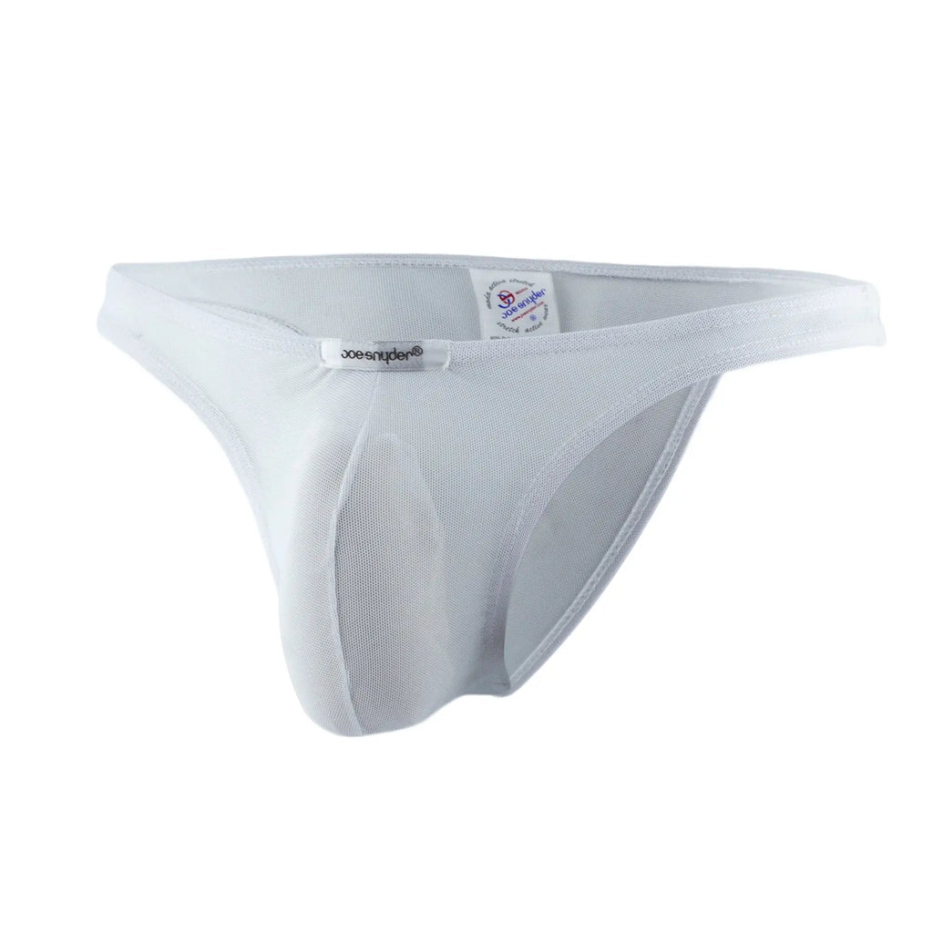 White mesh thong by joe snider showing back side featuring breathable capri mesh material for comfortable wear