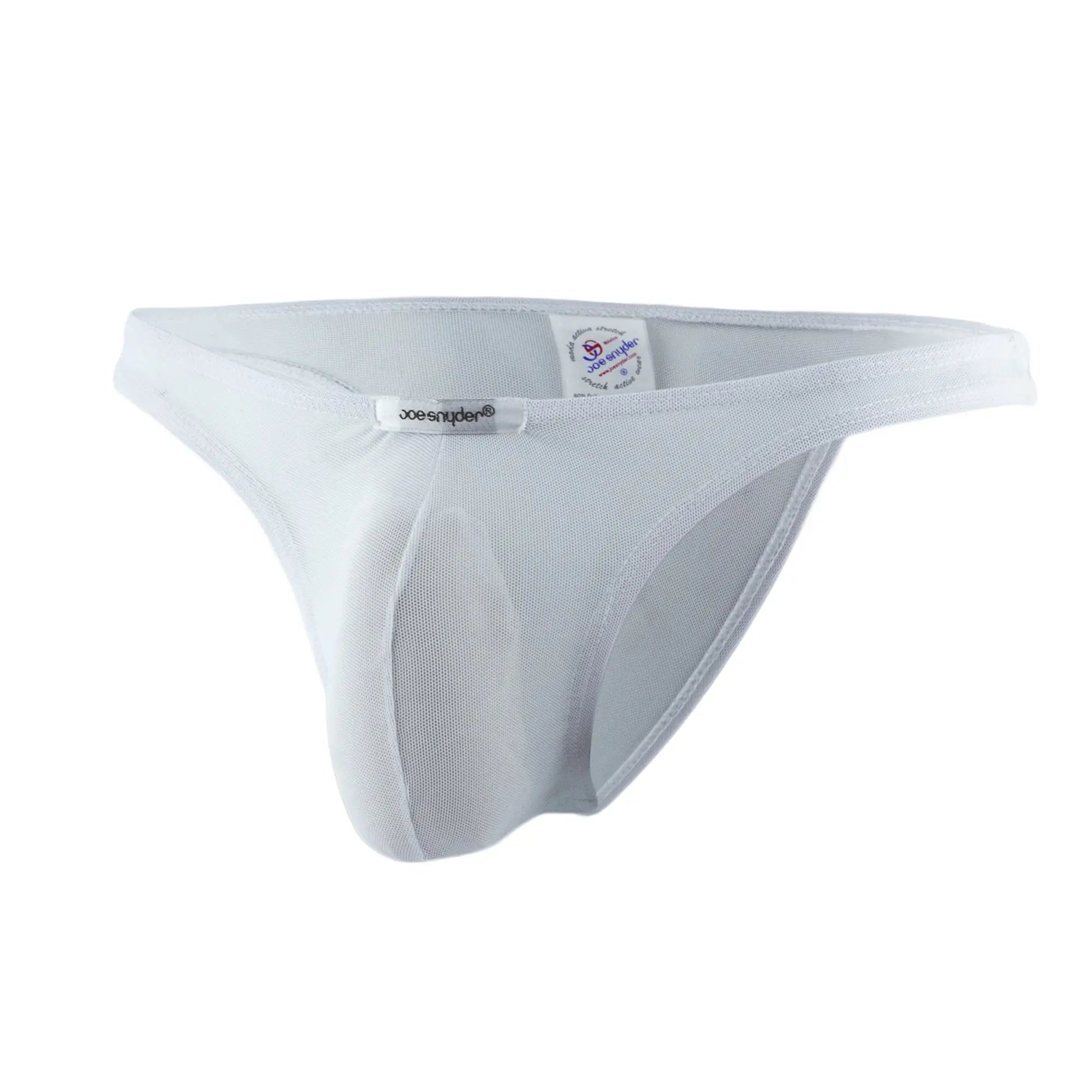 White mesh thong by joe snider showing back side featuring breathable capri mesh material for comfortable wear