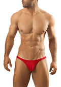 Red thong from joe snyder capri with a small blue logo on the front designed for comfortable wear