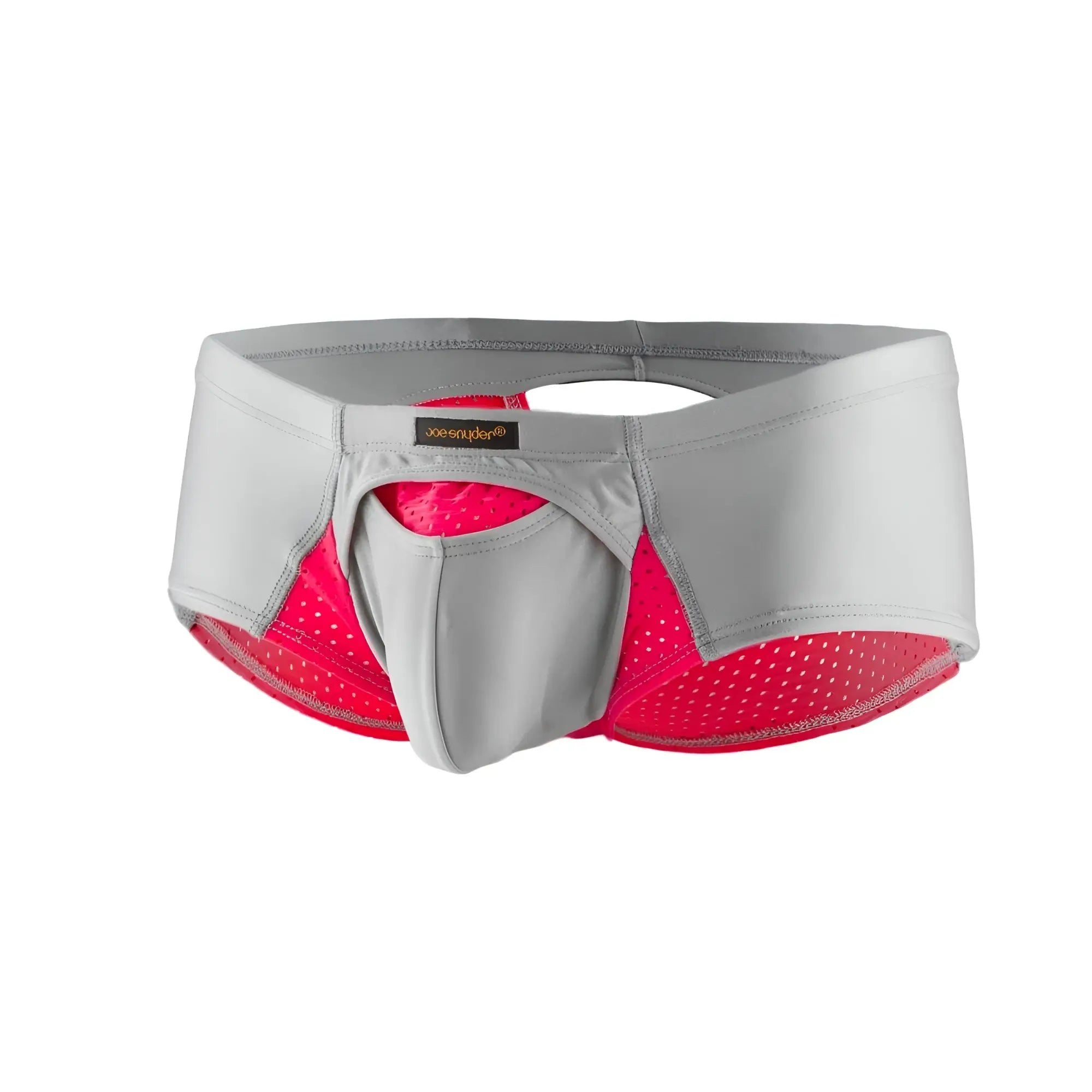 Gray and pink perforated mesh briefs with central pouch design and joe s underwear label from joe snyder cheek sexiest