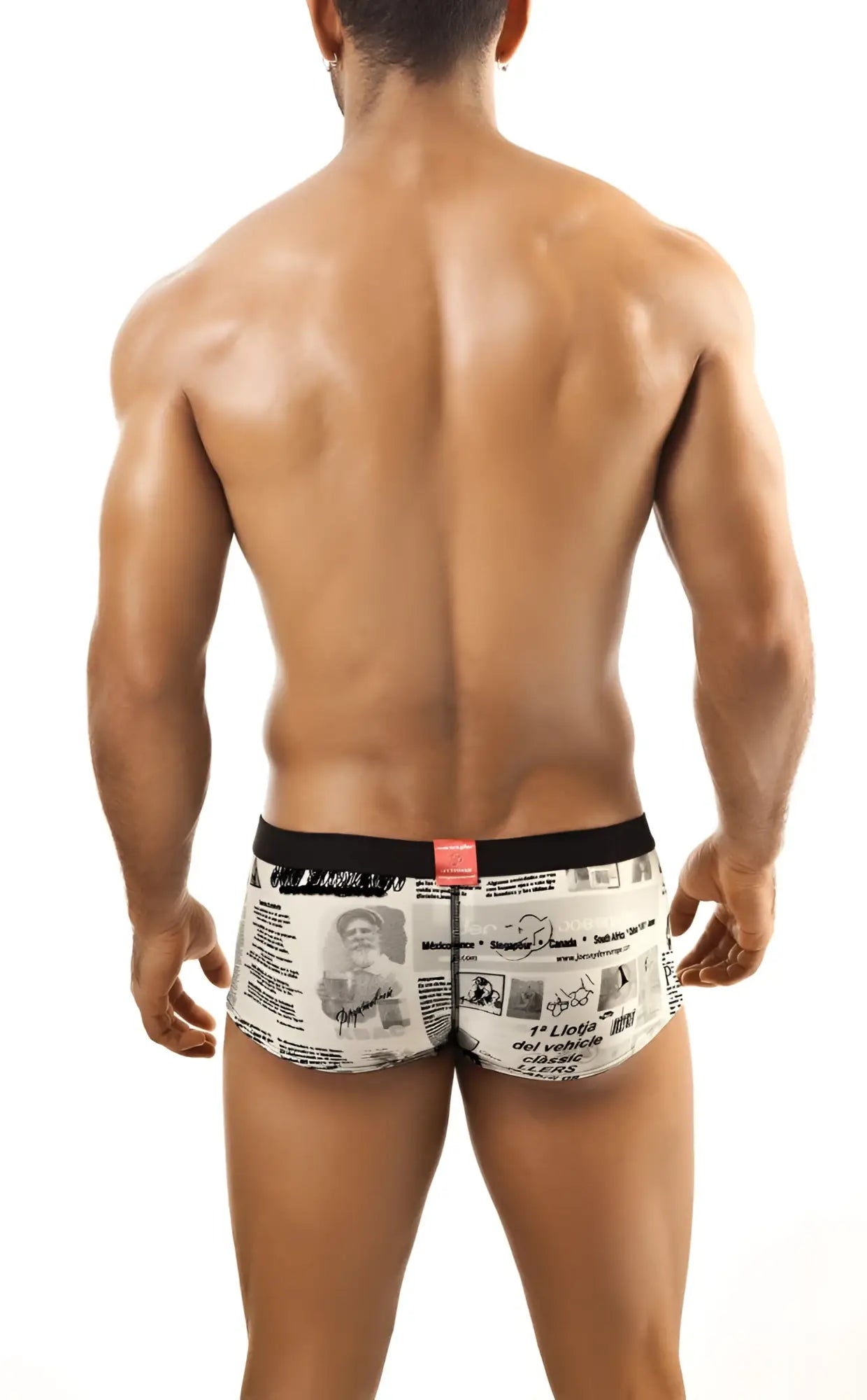 Black and white printed joe snyder expression boxer jsxps01 briefs with red tab on waistband in soft fabric