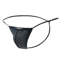 Black mesh thong with white polka dots and thin elastic straps shown from the back in joe snyder g-string holes product