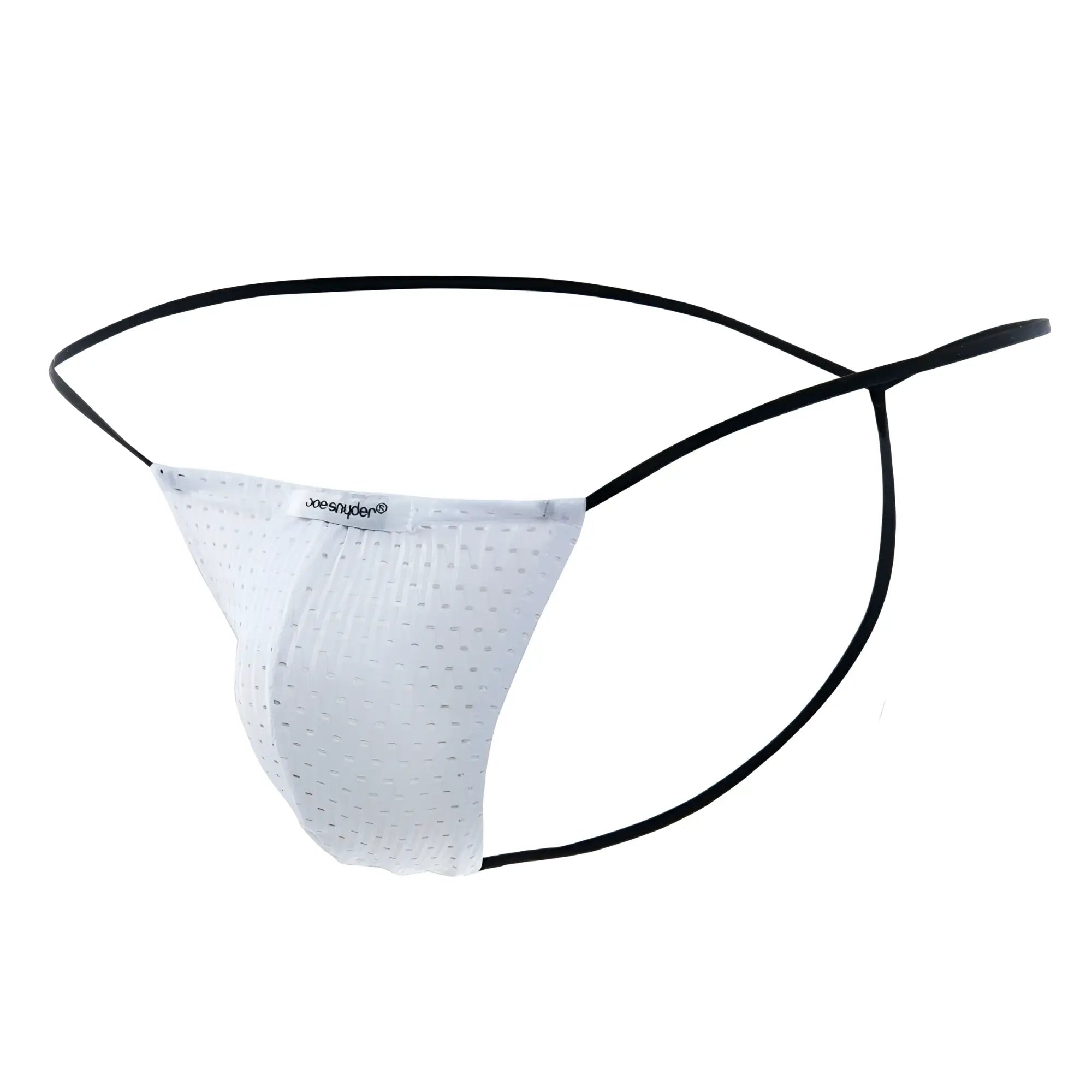 White perforated mesh thong with black elastic straps and joesnyder brand label from joe snyder g-string holes collection