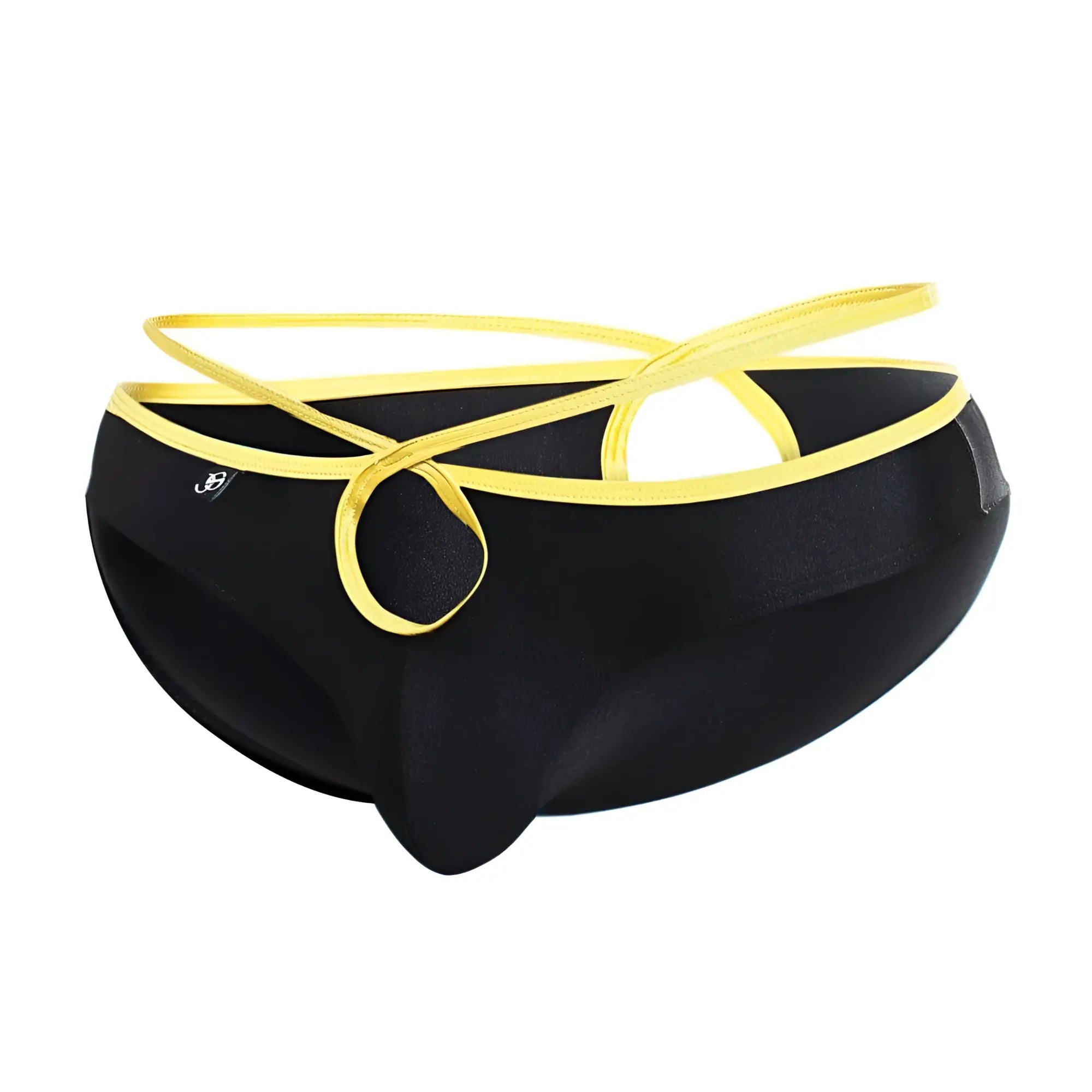 Black joe synder holes bikini swim trunks with yellow elastic straps and matching trim front view