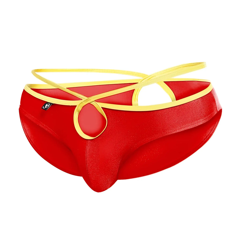 Joe Snyder Holes Bikini red and gold men’s briefs with shiny stretchy fabric and yellow elastic crisscross straps
