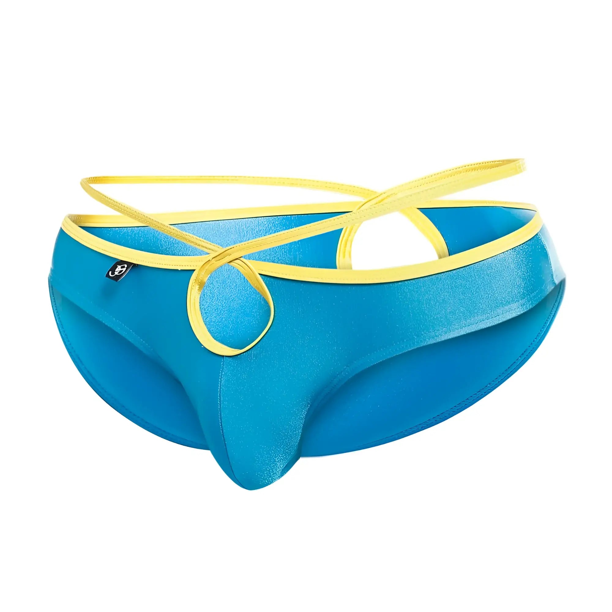 Joe Snyder Holes bikini vibrant blue satin swim trunks with yellow elastic straps crossing at the front