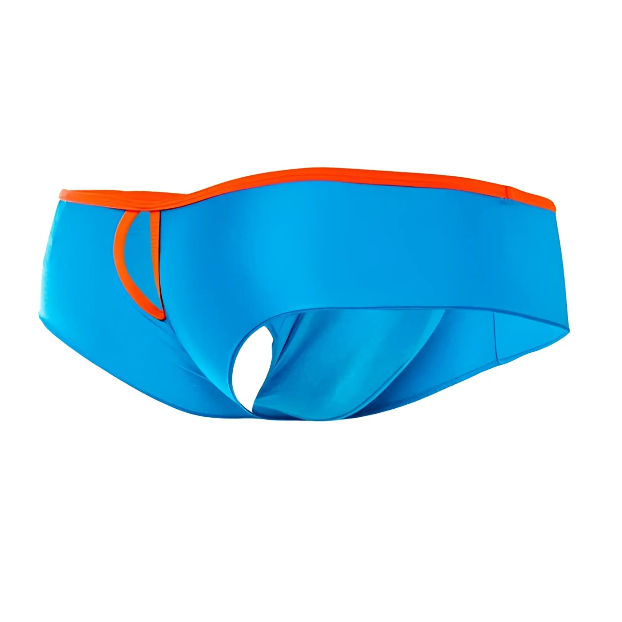Bright blue joe snyder holes mini cheek swim trunks with bold orange trim on waistband and leg openings