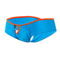 Bright blue joe snyder holes mini cheek swim trunks with bold orange trim and distinctive cutout design