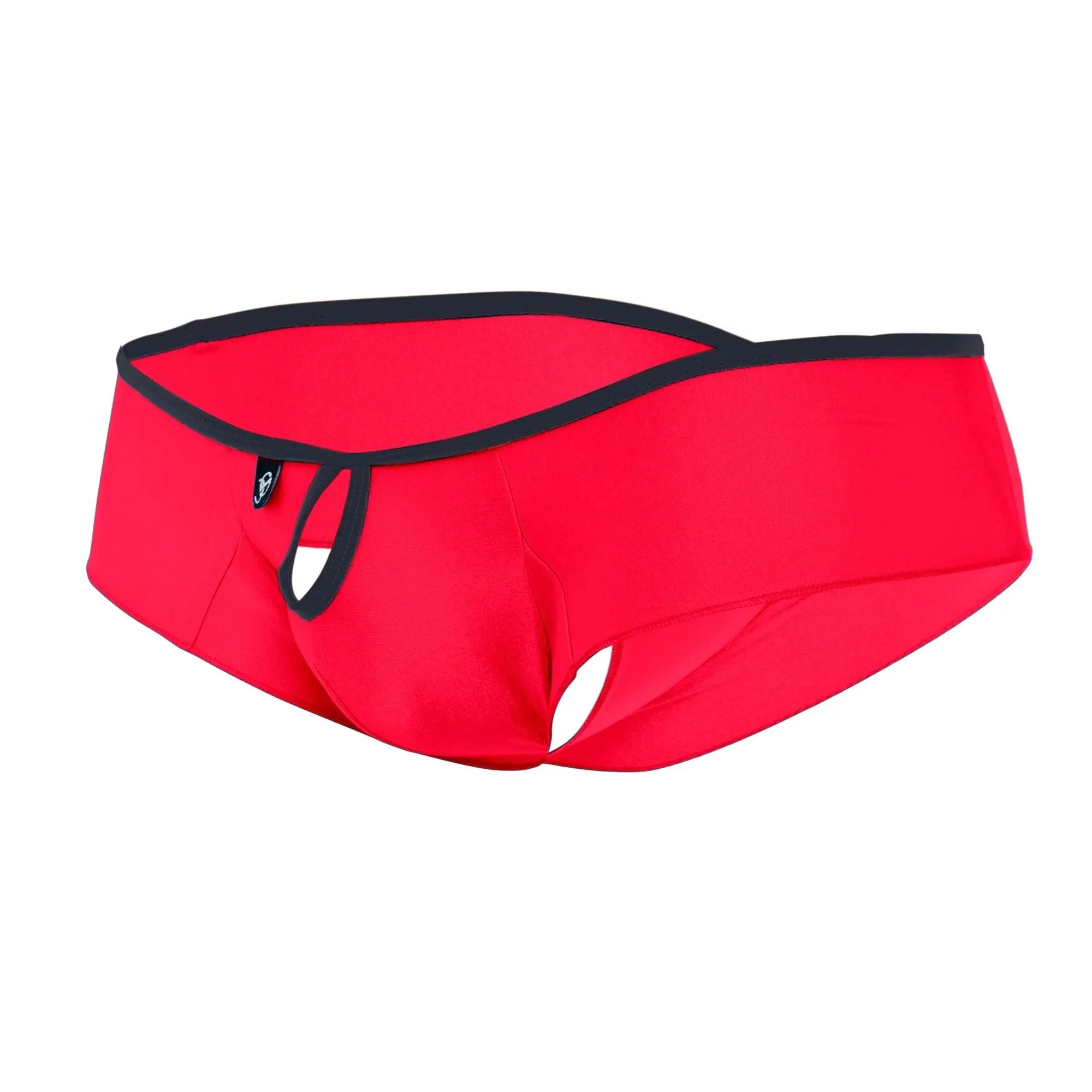 Bright red Joe Snyder Holes Mini Cheek men’s briefs with black trim and central cutout for bold style and comfort